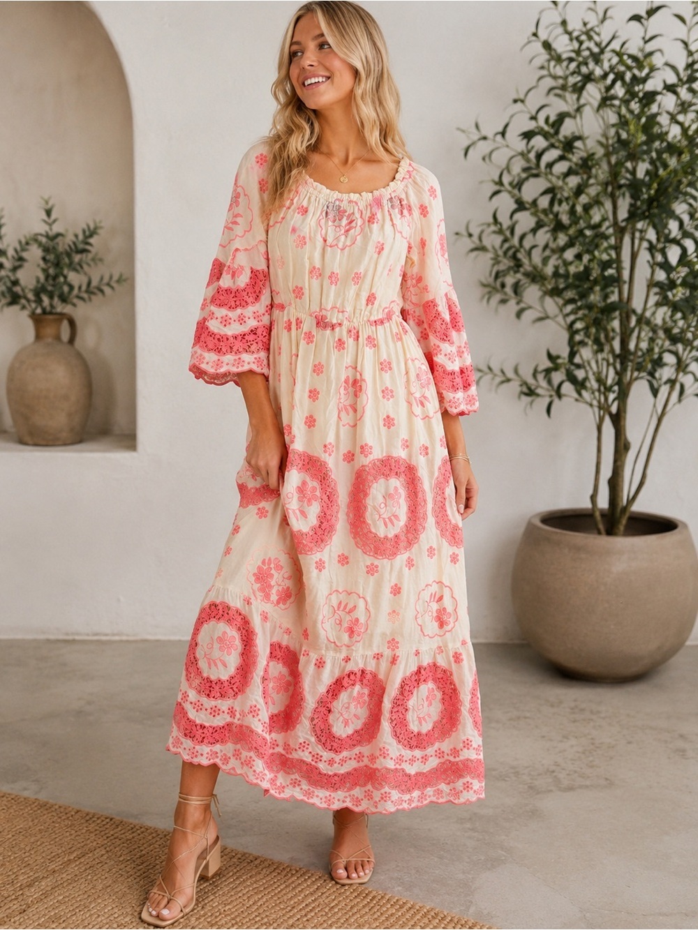 Boho Cream Maxi Dress with Pink Floral Medallion Print